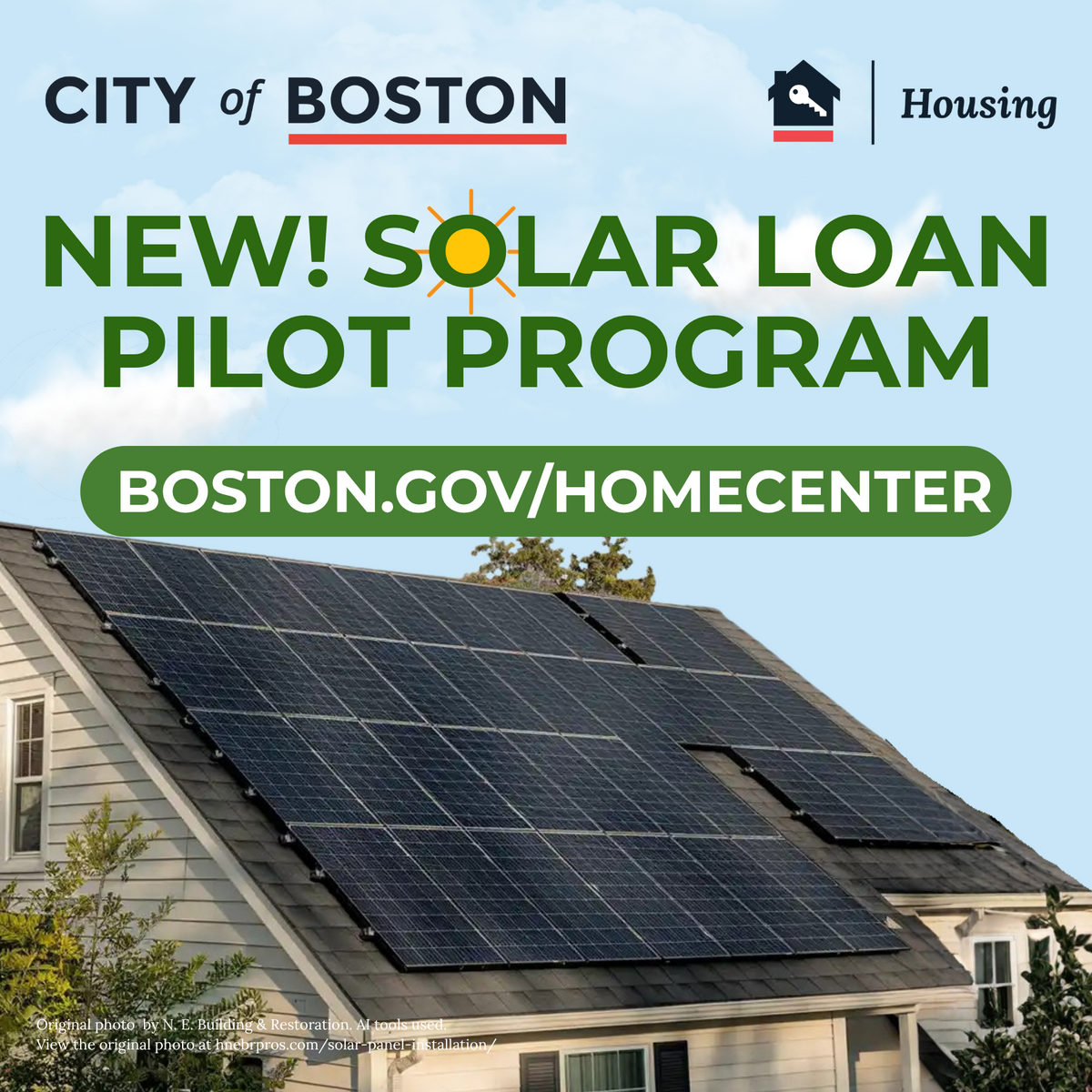 A home with solar panels under text that says "New solar loan pilot program! boston.gov/homecenter"