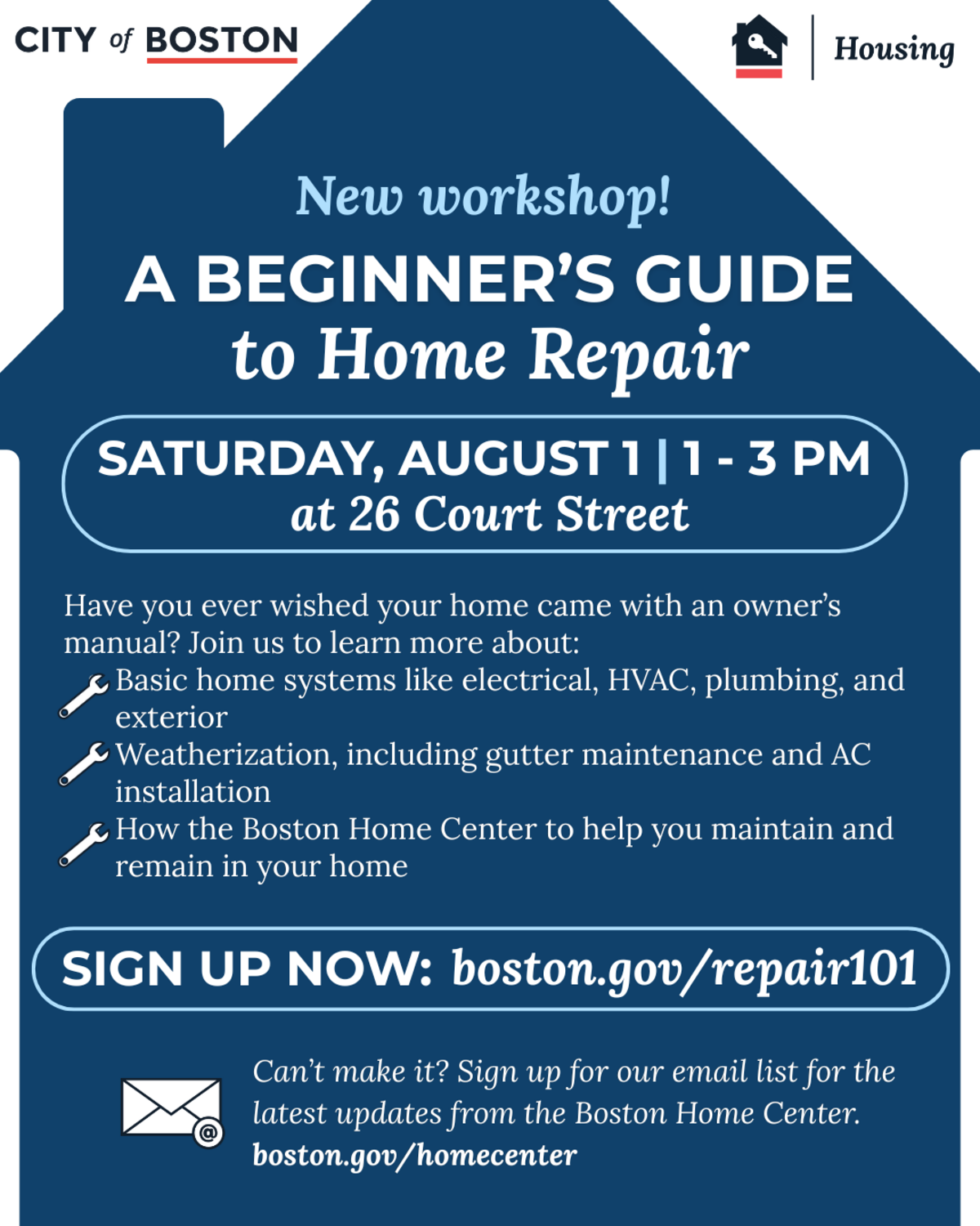Join the Boston Home Center on August 1, 2026 at 1 pm for a new workshop, A Beginner's Guide to Home Repair. 
