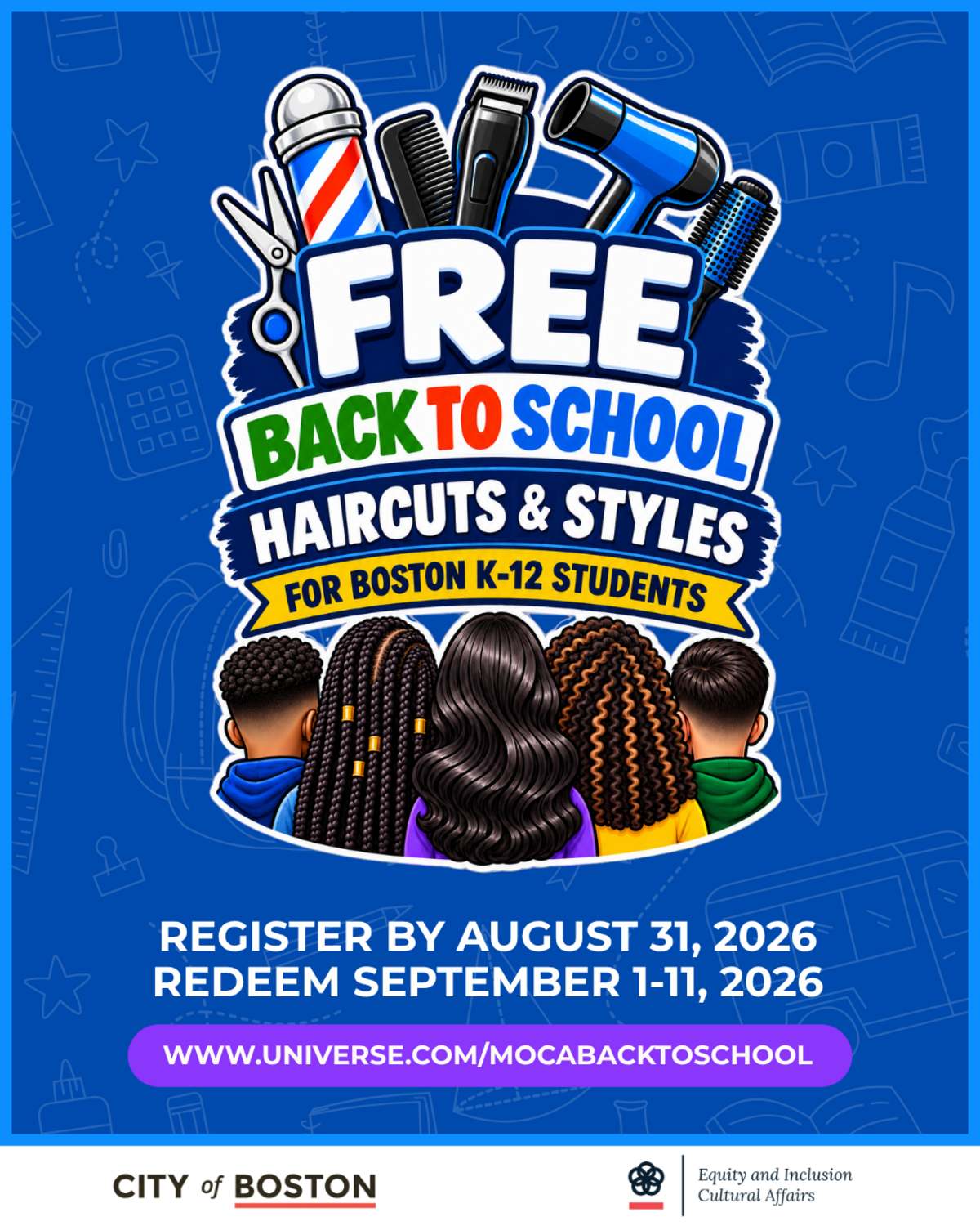 Image of different hairstyles of people of color on the bottom and hair styleing tools on top with text in the middle