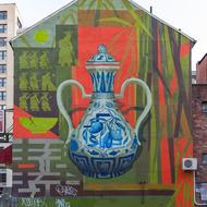 Mural of blue and white porcelain pot in Chinatown