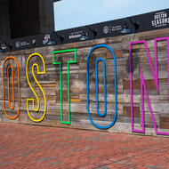 Boston pride sign on City Hall Plaza