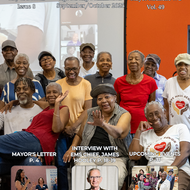 Front Page of Age Strong's September/October 2025 Boston Seniority Magazine, with a group shot of seniors at BCYF Grove Hall Senior Center.