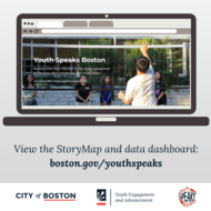 image of a laptop showing the youth speaks boston storymap homepage. text says "view the storymap and data dashboard: boston.gov/youthspeaks."