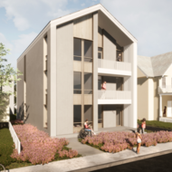 A digital rendering of one of the new condo buildings on Harvard Street